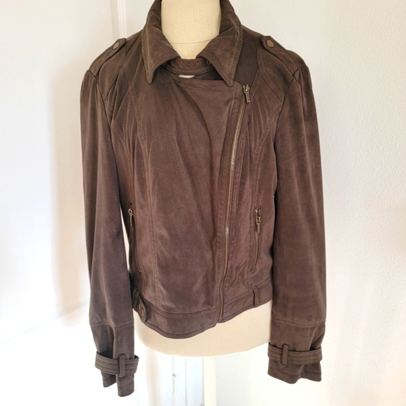 Faux Suede Brown Zip Up Moto Jacket Size L Large - Picture 1 of 8